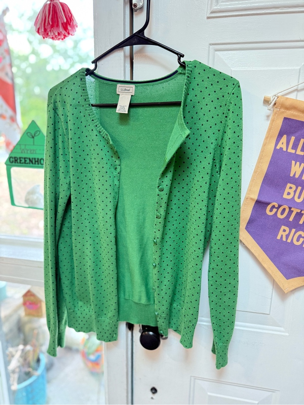 Women’s Size Medium L.L.Bean 100% Cotton Green Polka Dot Cardigan!